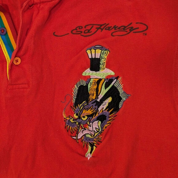 vintage Y2K Ed Hardy by Christian Audigan Red Embroidered Polo Men's XXL - Picture 2 of 10